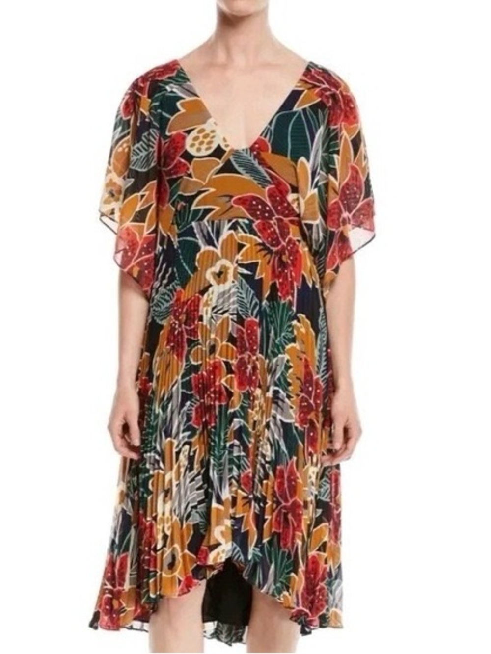 Club Monaco Black Floral Pleated V-Neck Midi Dress NWT